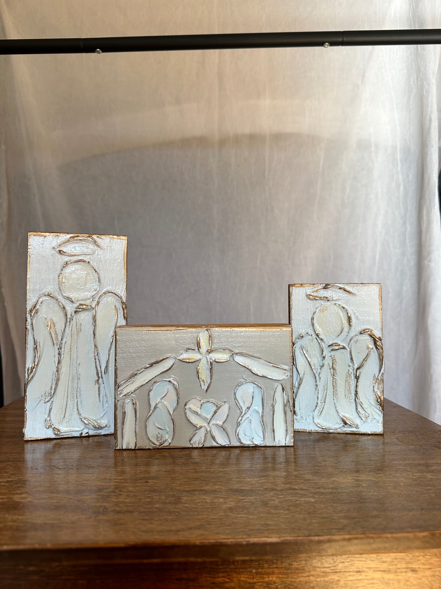 Christmas Nativity Hand Painted Textured Wood Block - Grey