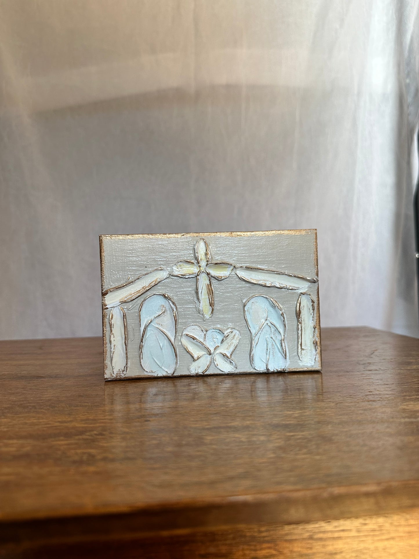 Christmas Nativity Hand Painted Textured Wood Block - Grey