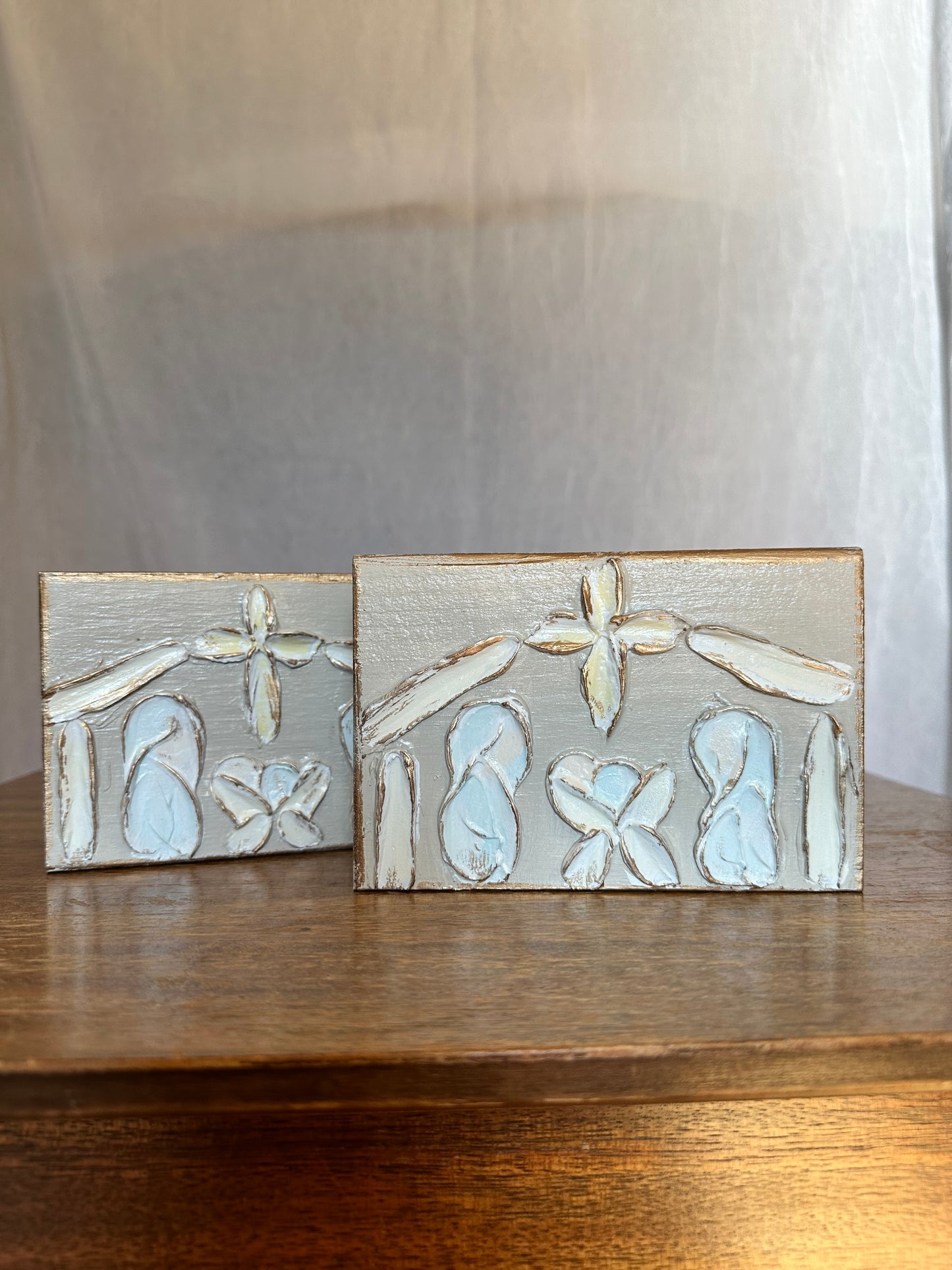 Christmas Nativity Hand Painted Textured Wood Block - Grey